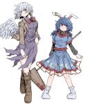  2girls absurdres ambiguous_red_liquid animal_ears blue_dress blue_hair blush boots brown_footwear brown_jacket closed_mouth dress earclip fe_(tetsu) feathered_wings grey_hair highres jacket kine kishin_sagume layered_sleeves long_hair long_sleeves mallet multiple_girls open_clothes open_jacket purple_dress rabbit_ears red_eyes seiran_(touhou) short_hair short_over_long_sleeves short_sleeves simple_background single_wing smile socks touhou white_background white_socks white_wings wings 