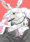  2023 anthro ashii_045 barazoku biped clothed clothing fur hi_res kemono lagomorph leporid male mammal moobs nipples overweight overweight_male rabbit shangri-la_frontier simple_background sitting solo white_body white_fur 