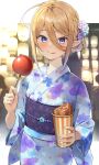  1girl absurdres blonde_hair blue_nails blurry blurry_background braid candy_apple closed_mouth cup disposable_cup floral_print food hair_between_eyes hair_ornament highres holding holding_food japanese_clothes kanzashi kimono kusumoto_touka licking_lips looking_at_viewer nail_polish obi obidome obijime original pointy_ears print_kimono purple_eyes sash short_hair_with_long_locks sidelocks solo tongue tongue_out 