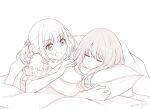  2girls bow closed_eyes commentary_request hair_bow hugging_object inoue_takina long_hair looking_at_another lycoris_recoil lying misuzu_(iridescence) monochrome multiple_girls nishikigi_chisato open_mouth parted_lips pillow pillow_hug sleeping twitter_username white_background 