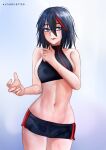  1girl absurdres alfarejected armpits bare_shoulders black_hair blue_eyes breasts collarbone exercise hair_between_eyes highres kill_la_kill looking_to_the_side matoi_ryuuko messy messy_hair multicolored_hair navel open_hand panties parted_lips short_hair short_shorts shorts sideboob signature simple_background solo stomach streaked_hair sweat thighs trigger_(company) two-tone_hair underwear workout_clothes 
