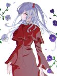  1girl capelet closed_mouth commentary dress flower grey_eyes grey_hair hair_bobbles hair_ornament hat_iue highres long_hair long_sleeves looking_at_viewer looking_back one_side_up purple_flower red_capelet red_dress shinki_(touhou) simple_background touhou touhou_(pc-98) white_background white_flower 