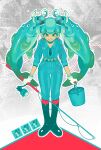  1girl aqua_bodysuit aqua_hair belt black_footwear boots bucket earrings fish fishing_rod halftone hatsune_miku highres jewelry looking_at_viewer outline sleppu smile solo surreal twintails vocaloid white_outline yellow_eyes 