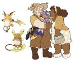  3girls absurdres alolan_raichu basket blonde_hair boots breasts brown_dress brown_footwear brown_hair brown_headwear brown_overalls cardigan child closed_eyes closed_mouth commentary curly_hair dark-skinned_female dark_skin dress earrings english_commentary family female_child flower freckles full_body grey_hair hat hat_flower highres holding holding_basket humanization jewelry long_hair magicact mother_and_daughter multiple_girls open_mouth overalls pichu pokemon pokemon_(creature) print_dress purple_eyes purple_footwear raichu reference_inset shirt shoes short_hair short_sleeves simple_background smile standing sun_hat white_background wife_and_wife yellow_cardigan yellow_shirt 