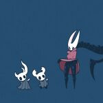 1girl 2others alternate_form arthropod_girl black_eyes black_skin blank_eyes blue_background blush breasts broken_vessel_(hollow_knight) cloak cloak_lift colored_skin commentary flashing full_body grey_cloak groin hands_up height_difference high_collar hollow_knight hornet_(hollow_knight) joints knight_(hollow_knight) legs lifted_by_self looking_at_another monster multiple_others no_panties nosk_(hollow_knight) red_cloak sakana_2-gou shiny_skin simple_background small_breasts standing thighs weapon weapon_on_back 