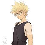  1boy bandaid bandaid_on_face bandaid_on_nose bishounen black_tank_top blonde_hair closed_mouth facing_away highres hiro_zirasa jewelry jock_studio_(blits_games) leo_mendez_(jock_studio) light_smile looking_at_viewer male_focus necklace solo star_(symbol) star_necklace tank_top upper_body yellow_eyes 