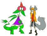  ameli_(roksim) anthro boots canid canine clothing duo eyelashes female footwear freckles green_body hi_res humanoid invalid_tag looking_at_viewer male mammal robe roksim roksim_the_time_mage shirt tail topwear were werecanid werecanine werewolf wings 