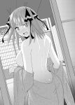 1girl absurdres architecture ass back bare_back bare_shoulders black_ribbon blush breasts butt_crack butterfly_hair_ornament east_asian_architecture from_behind go-toubun_no_hanayome greyscale hair_ornament hair_ribbon highres indoors japanese_clothes kimono kimono_pull kosmos_beta large_breasts looking_at_viewer looking_back medium_hair monochrome nakano_nino no_nipples open_mouth ribbon shouji sliding_doors solo topless 