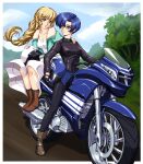  1990s_(style) 2girls alternate_costume bare_shoulders biker_clothes bikesuit black_bodysuit blonde_hair blue_eyes blue_hair bodysuit boots border braid braided_ponytail breasts brown_footwear catria_(fire_emblem) cleavage commission contemporary dress fire_emblem fire_emblem:_mystery_of_the_emblem fire_emblem:_three_houses green_eyes helmet highres holding holding_helmet ingrid_brandl_galatea leather_suit long_dress long_hair long_sleeves looking_at_another medium_breasts motor_vehicle motorcycle motorcycle_helmet multiple_girls off_shoulder on_motorcycle outdoors racing_suit retro_artstyle short_hair sirknightbot smile urushihara_satoshi_(style) very_long_hair white_border white_dress 