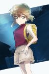  1girl artist_name astrayin backpack bag bare_arms bare_shoulders breasts brown_hair brown_shorts feet_out_of_frame grey_eyes haibara_ai highres looking_at_viewer meitantei_conan night outdoors randoseru red_shirt shirt short_hair shorts small_breasts smile solo yellow_bag 