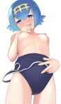  1girl black_one-piece_swimsuit blue_eyes blue_hair blush breasts bright_pupils cameltoe clothes_pull commentary_request from_below hairband hand_up hiyoshipow lana_(pokemon) nipples no_sclera one-piece_swimsuit one-piece_swimsuit_pull open_mouth pokemon pokemon_(game) pokemon_sm school_swimsuit short_hair smile solo swimsuit white_background white_pupils yellow_hairband 