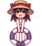  1girl black_hair hat hikarikmy humboldt_penguin_(kemono_friends) innertube kemono_friends kemono_friends_v_project looking_at_viewer multicolored_hair open_mouth penguin_girl pink_hair sandals short_hair simple_background smile solo swimsuit two-tone_hair virtual_youtuber yellow_eyes 