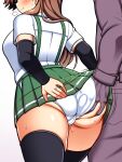  1boy 1girl admiral_(kancolle) arashio_(kancolle) arm_warmers ass ass_grab blush breasts brown_hair cameltoe deep_skin hand_in_another&#039;s_panties head_out_of_frame highres huge_ass jewelry kantai_collection kneehighs large_breasts long_hair military military_uniform panties pussy_juice richou_(zerozero1101) ring shirt short_sleeves simple_background skindentation skirt smile socks solo_focus suspenders sweat underwear uniform wedding_ring white_background white_shirt wide_hips 