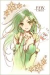  1girl aged_up amazio_komeko breasts cape cleavage closed_mouth detached_sleeves earrings final_fantasy final_fantasy_iv green_eyes green_hair hair_ornament jewelry long_hair looking_at_viewer rydia_(ff4) smile solo white_background 