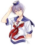  1boy arms_behind_back blue_sailor_collar cropped_torso grey_eyes grey_hair harukawa_(aonori1022) hat idolmaster idolmaster_side-m light_smile male_focus neckerchief red_neckerchief sailor_collar sakaki_natsuki scratching_head short_sleeves solo white_background 