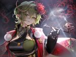  1girl black_gloves black_shirt breasts chain coat dark_background elf floral_print flower fluffy gloves gold green_eyes green_hair hair_between_eyes hair_flower hair_ornament hand_up high_collar highres holding holding_smoking_pipe japanese_clothes jewelry kouyafu long_sleeves looking_at_viewer magachiyo_(shadowverse) medium_breasts official_art open_mouth original pointy_ears shadowverse shirt short_hair simple_background smile smoke smoking_pipe solo teeth upper_body 