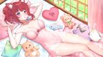  1girl animal_ears bed blanket breasts commission curtains dress fox_ears fyirkingdomsis heart heart_pillow heterochromia highres large_pectorals long_hair lying original panties pectorals pillow pink_dress pink_eyes ponytail purple_eyes red_hair solo stuffed_animal stuffed_toy teddy_bear underwear window 