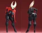 black_body breasts cape clothing connivingrat female front_view genitals hollow_knight hornet_(hollow_knight) humanoid muscular muscular_female nude pussy rear_view solo team_cherry valorlynz yellow_eyes 