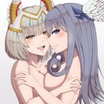  2girls :d absurdres animal_ears asymmetrical_docking blue_eyes blunt_bangs breast_press breasts collarbone completely_nude curly_hair english_commentary grey_hair head_wings headpiece highres hug large_breasts light_blush long_hair looking_at_viewer lucky_zero medium_breasts melia_antiqua multiple_girls nia_(xenoblade) nude paid_reward_available short_hair simple_background smile upper_body white_wings wings xenoblade_chronicles_(series) xenoblade_chronicles_3 yellow_eyes 