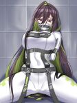  1girl arms_behind_back bodysuit bound bound_arms breasts brown_hair bt_(3212637) character_name clothes_writing colored_inner_hair covered_mouth covered_navel goddess_of_victory:_nikke green_hair guilty_(nikke) hair_behind_ear hair_between_eyes highres large_breasts long_hair looking_at_viewer mask mouth_mask multicolored_hair pink_eyes restrained sitting solo spread_legs straitjacket two-tone_hair very_long_hair wall white_bodysuit 