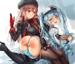  2girls ass beret black_headwear blue_hair blue_panties breasts brown_hair brown_thighhighs censored commentary_request gloves goddess_of_victory:_nikke hair_between_eyes hat highres large_breasts long_hair long_sleeves looking_at_another michairu military_uniform multiple_girls open_mouth panties panty_pull peaked_cap privaty_(nikke) rapi_(nikke) red_eyes red_gloves slap_mark spanking thighhighs twintails underwear uniform white_headwear yellow_eyes 