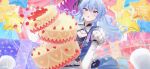  1girl :o absurdres artist_logo balloon blue_eyes blue_hair cake cleavage_cutout clothing_cutout confetti dress floating_hair food fruit gem hair_between_eyes happy_birthday highres holding holding_cake holding_food holding_plate hololive hoshimachi_suisei hoshimachi_suisei_(5th_costume) juliet_sleeves long_hair long_sleeves looking_at_viewer mercs_(kapebeovorus) open_mouth plate puffy_sleeves raised_eyebrows solo star_(symbol) star_balloon star_in_eye strawberry strawberry_cake surprised symbol_in_eye twitter_username upper_body virtual_youtuber 