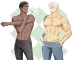  2boys abs alleveolive bara black_hair black_pants blush couple curtis_(voltron) dark-skinned_male dark_skin grey_pants hand_in_pocket large_pectorals looking_at_another male_focus mechanical_arms multiple_boys muscular muscular_male navel nipples pants pectorals scar scar_on_face scar_on_nose short_hair single_mechanical_arm takashi_shirogane translation_request voltron:_legendary_defender voltron_(series) white_hair yaoi 