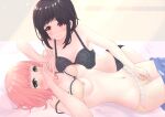  2girls averting_eyes bed black_bra black_hair black_panties blush bra bra_lift breasts brown_eyes clothes_pull commentary fingering fingering_through_clothes fingering_through_panties frilled_panties frills highres lace-trimmed_bra lace_trim looking_at_another lying multiple_girls navel nipples on_back on_bed original panties pink_hair short_hair skirt skirt_pull small_breasts textless_version through_clothes twinklemelon underwear yellow_bra yellow_panties yuri 