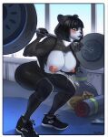  absurd_res anthro athletic athletic_anthro athletic_female bangs barbell bear big_breasts black_body black_fur black_hair black_lips blush bodily_fluids bottomwear breasts clothing crouching exercise female footwear fur giant_panda gym hair hi_res inside lips mammal nipples pants senri_(artist) shoes sneakers solo squats sweat tight_bottomwear tight_clothing tight_pants torn_clothing wardrobe_malfunction weightlifting white_body white_fur workout workout_clothing 