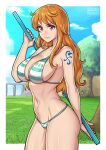  1girl bikini breasts day green_bikini holding holding_pole large_breasts long_hair nami_(one_piece) navel one_piece orange_eyes orange_hair outdoors pants pole redjet shoulder_tattoo solo swimsuit tattoo tree 