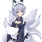  1girl animal_ear_fluff animal_ears apron blue_bow blue_eyes blue_nails bow breasts cleavage cleavage_cutout clothing_cutout cowboy_shot dot_nose dress fang fox_ears fox_girl fox_tail frilled_dress frills grey_hair hair_between_eyes highres holding horibito inari_iroha light_blush looking_at_viewer maid maid_apron maid_headdress medium_breasts medium_hair multiple_tails noripro open_mouth red_eyeliner shoulder_cutout simple_background skin_fang smile solo tail virtual_youtuber wa_maid white_background wide_sleeves 