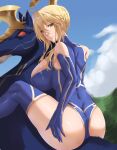  1girl absurdres ahoge artoria_pendragon_(fate) artoria_pendragon_(lancer)_(fate) ass back bare_shoulders blonde_hair blue_gloves blue_leotard blue_sky blue_thighhighs braid breasts cleavage_cutout clothing_cutout elbow_gloves fate/grand_order fate_(series) freed_turing french_braid gloves green_eyes hair_between_eyes highleg highleg_leotard highres horse horseback_riding large_breasts leotard long_hair looking_at_viewer looking_back riding sidelocks sky thighhighs thighs 
