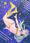  1girl absurdres animal_print bikini boots breasts commentary_request full_body green_hair highres horns knee_boots long_hair lum medium_breasts navel oni_horns orange_eyes shooting_star sksk_sou smile solo star_(symbol) swimsuit tiger_print upside-down urusei_yatsura yellow_bikini 