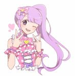 1girl ;d blunt_bangs blush bow cropped_torso double_v dress frilled_dress frills hair_bow hands_up heart long_hair looking_at_viewer manaka_non nojima_minami one_eye_closed open_mouth pink_bow pink_dress polka_dot polka_dot_dress pretty_(series) pripara purple_eyes purple_hair side_ponytail simple_background smile solo teeth upper_body upper_teeth_only v very_long_hair white_background wrist_cuffs 