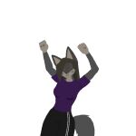  adidas anthro black_bottomwear black_clothing black_pants bottomwear breasts brown_hair closed_hands clothing dancing dark_ears facial_markings female fox_ears fur garfieldkartisfun grey_body grey_fur grey_tail hair head_markings hybrid markings pants purple_clothing purple_shirt purple_topwear shirt small_breasts solo striped_face stripes tan_body tan_fur topwear 