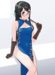  1girl alternate_costume alternate_hairstyle black_gloves black_hair blue_dress breasts china_dress chinese_clothes cleavage_cutout clothing_cutout dress feet_out_of_frame folded_fan folding_fan geometrie glasses gloves green_eyes hairband half_updo hand_fan highres kantai_collection long_hair ooyodo_(kancolle) semi-rimless_eyewear side_slit sitting small_breasts solo under-rim_eyewear 