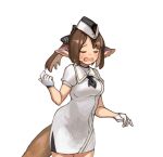  1girl animal_ear_fluff animal_ears arknights black_headwear blush breasts brown_eyes brown_hair chocolatice closed_eyes collared_dress cowboy_shot dress facing_viewer garrison_cap gloves hand_up hat medium_breasts open_mouth parted_bangs perfumer_(arknights) ponytail puffy_short_sleeves puffy_sleeves short_sleeves simple_background solo sweat wavy_mouth white_background white_dress white_gloves 