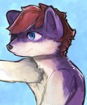  anthro atokota biped blitzstoat_(gyro) blue_eyes countershading gyrotech male mammal markings mustelid musteline portrait purple_body red_markings solo stoat tan_body true_musteline weasel 