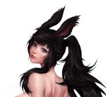  absurdres animal_ears aylisnyan black_hair blue_eyes breasts commission final_fantasy final_fantasy_xiv from_behind highres large_breasts lips long_hair looking_at_viewer nude ponytail rabbit_ears viera warrior_of_light_(ff14) white_background 