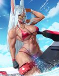 1girl abs absurdres animal_ears arm_up bare_arms bare_shoulders bikini black_gloves blue_sky boku_no_hero_academia breasts commission dark-skinned_female dark_skin day gloves hand_to_forehead hand_up highres jet_ski large_breasts long_eyelashes long_hair looking_at_viewer looking_over_eyewear mirko mouth_hold muscular muscular_female navel outdoors rabbit_ears rabbit_girl red_bikini red_eyes single_glove sky smitcuk solo stomach sunglasses swimsuit thick_thighs thigh_pouch thighs veins veiny_arms very_long_hair water whistle whistle_around_neck white_hair 