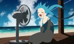  1girl animated animated_gif barefoot beach blue_hair closed_eyes commentary day electric_fan fan_speaking floating_hair hatsune_miku looping_animation noranucoo ocean open_mouth sitting solo swimsuit veranda vocaloid 