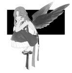  1girl bare_shoulders closed_mouth dentooo0 feathered_wings from_side full_body geta greyscale hair_bun half_updo hands_on_own_cheeks hands_on_own_face head_rest highres japanese_clothes long_hair looking_at_viewer looking_to_the_side monochrome original overall_skirt pom_pom_(clothes) single_hair_bun sleeveless smile solo squatting tassel tengu-geta wings 