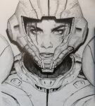  absurdres andrew_domachowski concept_art damaged dirty eyelashes graphite_(medium) helmet highres lips looking_at_viewer mecha metroid metroid_(classic) monochrome portrait power_armor power_suit power_suit_(metroid) realistic robot samus_aran scan scar science_fiction serious sketch super_metroid traditional_media upper_body varia_suit 