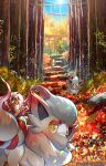  autumn autumn_leaves blue_sky closed_mouth ekm hisuian_zorua looking_at_viewer no_humans plant pokemon pokemon_(creature) raised_eyebrows rope shide shimenawa sky smile stairs stone_stairs sun tall_grass torii tree yellow_eyes 