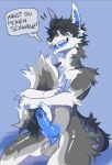  absurd_res anthro balls blue_penis blue_tongue canid canine canis erection fluffy fluffy_tail fur genitals german_text grey_body grey_fur hi_res male mammal penis regularex solo speech_bubble tail tail_hug teeth text tongue translated wolf yellow_eyes 