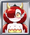  black_tiara blushing_profusely clothing cocco disney dress eyelashes female hair hair_over_eye hekapoo hi_res horn horned_humanoid humanoid humanoid_pointy_ears long_hair looking_at_viewer not_furry one_eye_obstructed orange_eyes pale_skin picture_frame red_hair solo star_vs._the_forces_of_evil straight_face wide_eyed yellow_clothing yellow_dress yellow_horn yellow_sclera 