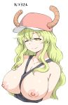  1girl baseball_cap between_breasts black_tank_top blonde_hair breasts breasts_out clothes_between_breasts collarbone dragon_girl hamao hat highres horns kobayashi-san_chi_no_maidragon large_breasts long_hair looking_at_viewer lucoa_(maidragon) nipples one_eye_closed pink_headwear simple_background solo tank_top translation_request upper_body wavy_hair white_background yellow_eyes 