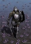  armor artist_name blood chainmail commentary dark_souls_(series) dark_souls_iii faulds flower full_armor gauntlets greaves helmet highres holding holding_shield holding_sword holding_weapon knight menaslg pauldrons shield shoulder_armor single_pauldron solo sword walking weapon 