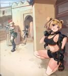  3girls absurdres bare_shoulders belt black_choker black_footwear black_shorts blonde_hair breasts brown_belt chadlink character_request choker cleavage commentary_request commission crop_top double_bun eyewear_on_head girls&#039;_frontline grin gun hair_bun head_tilt highres holding holding_gun holding_weapon kneeling large_breasts looking_at_viewer midriff multiple_girls navel outdoors p90_(girls&#039;_frontline) purple_eyes second-party_source shoes short_hair short_shorts shorts smile sports_bra stomach sunglasses thighs weapon 
