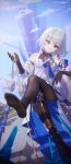  1girl bare_shoulders boots breasts bronya_rand closed_mouth crossed_legs day detached_sleeves dress drill_hair earrings elbow_gloves english_text gloves grey_eyes grey_hair head_tilt highres holding holding_rope honkai:_star_rail honkai_(series) icecake jewelry long_hair long_sleeves medium_breasts no_shoes outdoors pantyhose rope single_boot sitting solo very_long_hair white_dress 